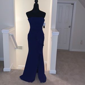 Betsy & Adam Marine Blue Ruffle Front Evening Gown